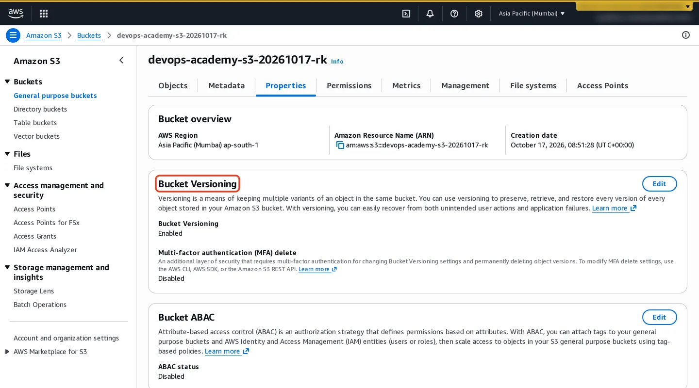 Amazon S3 Properties tab showing Bucket Versioning enabled for the practice bucket