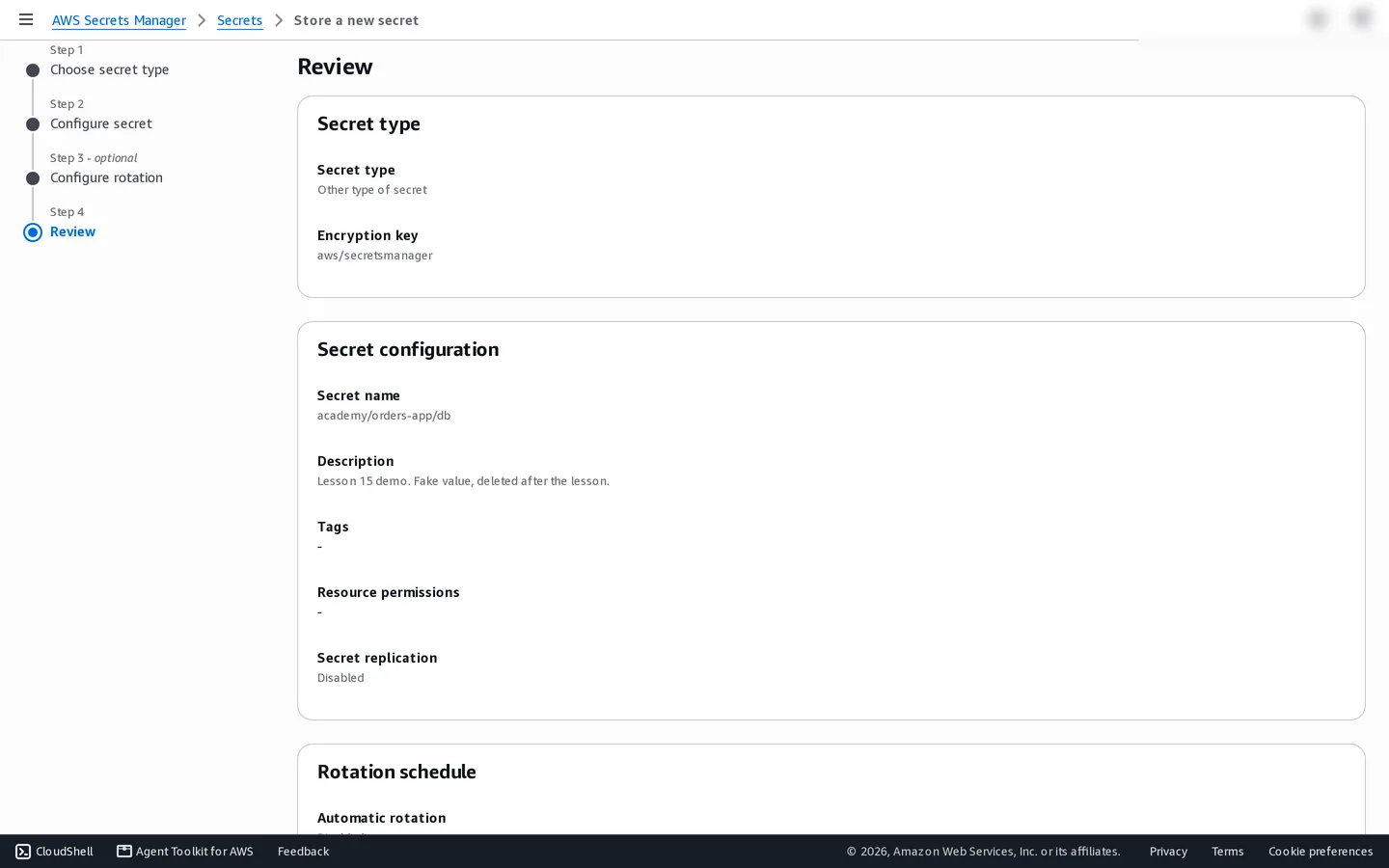 Secrets Manager review step: secret type Other type of secret, encryption key aws/secretsmanager, secret name academy/orders-app/db, replication disabled.
