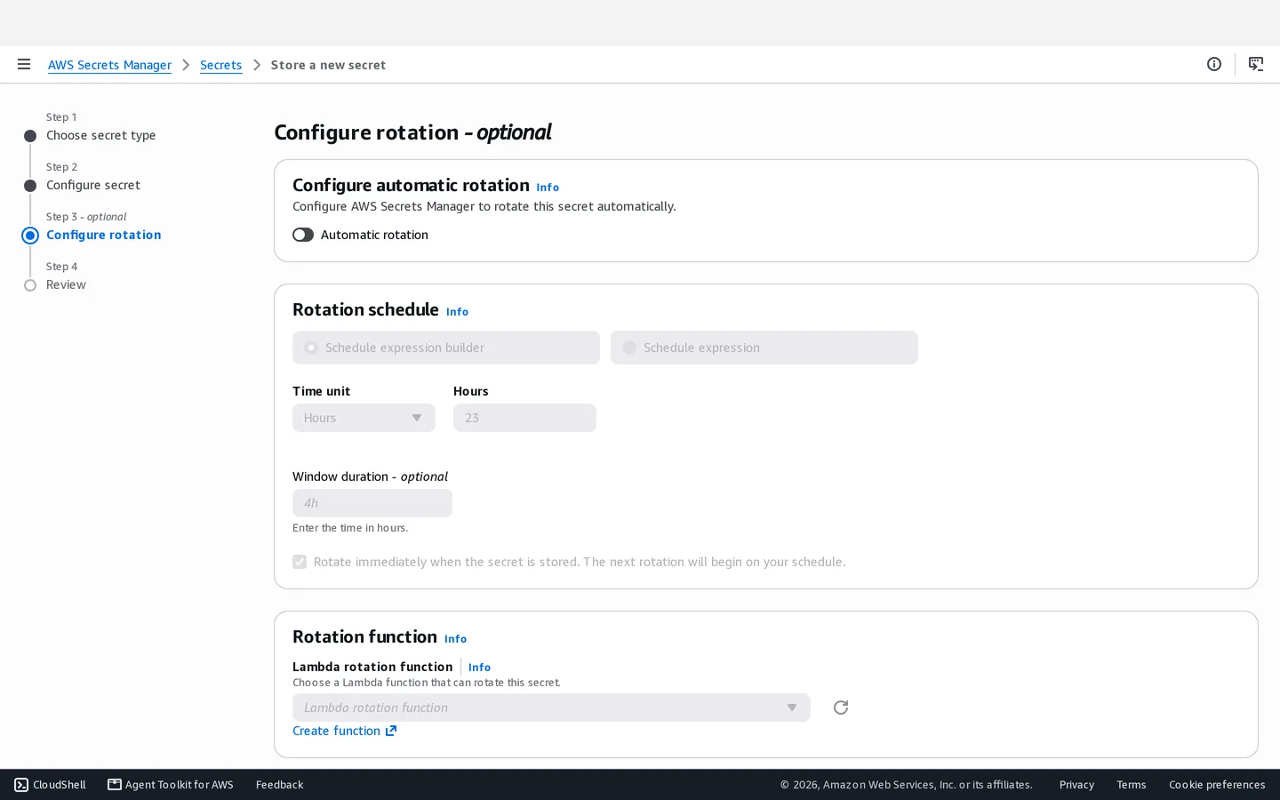 Secrets Manager store a new secret wizard, Configure rotation step, with automatic rotation left disabled.