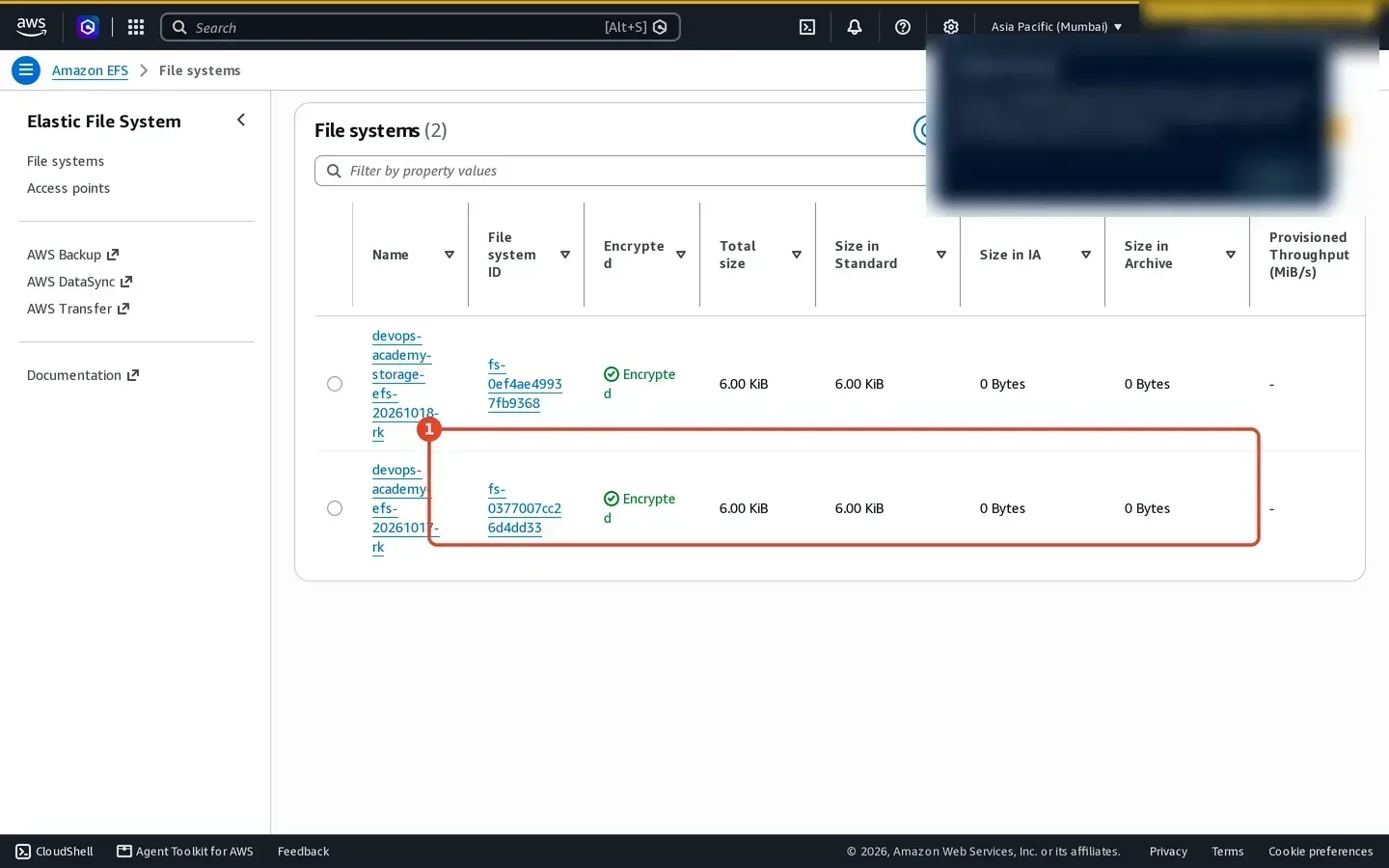 Amazon EFS File systems page showing an encrypted empty file system