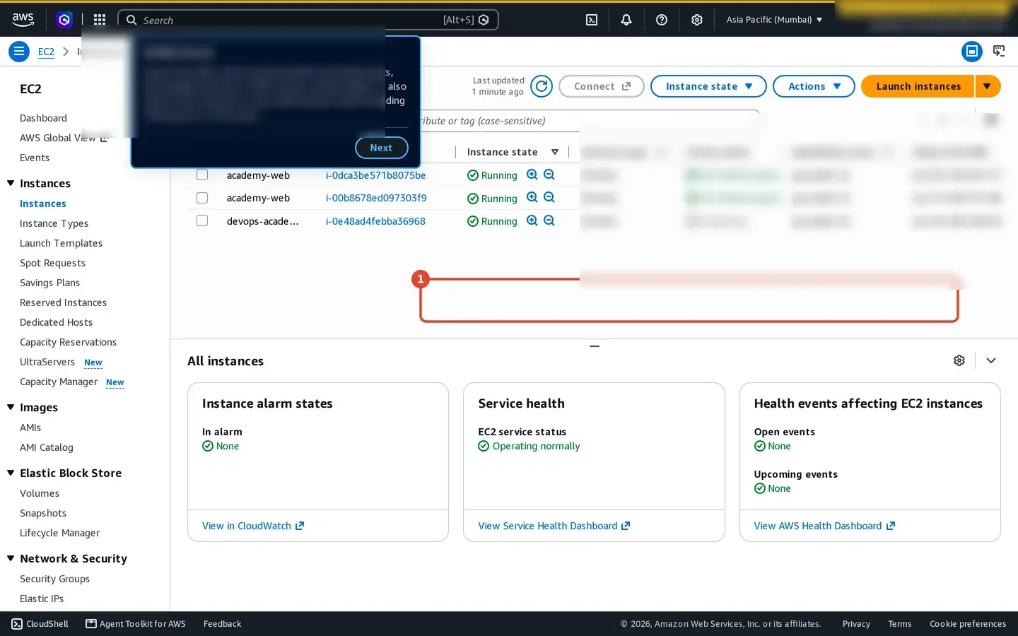 Amazon EC2 Instances page showing a temporary t3 micro instance
