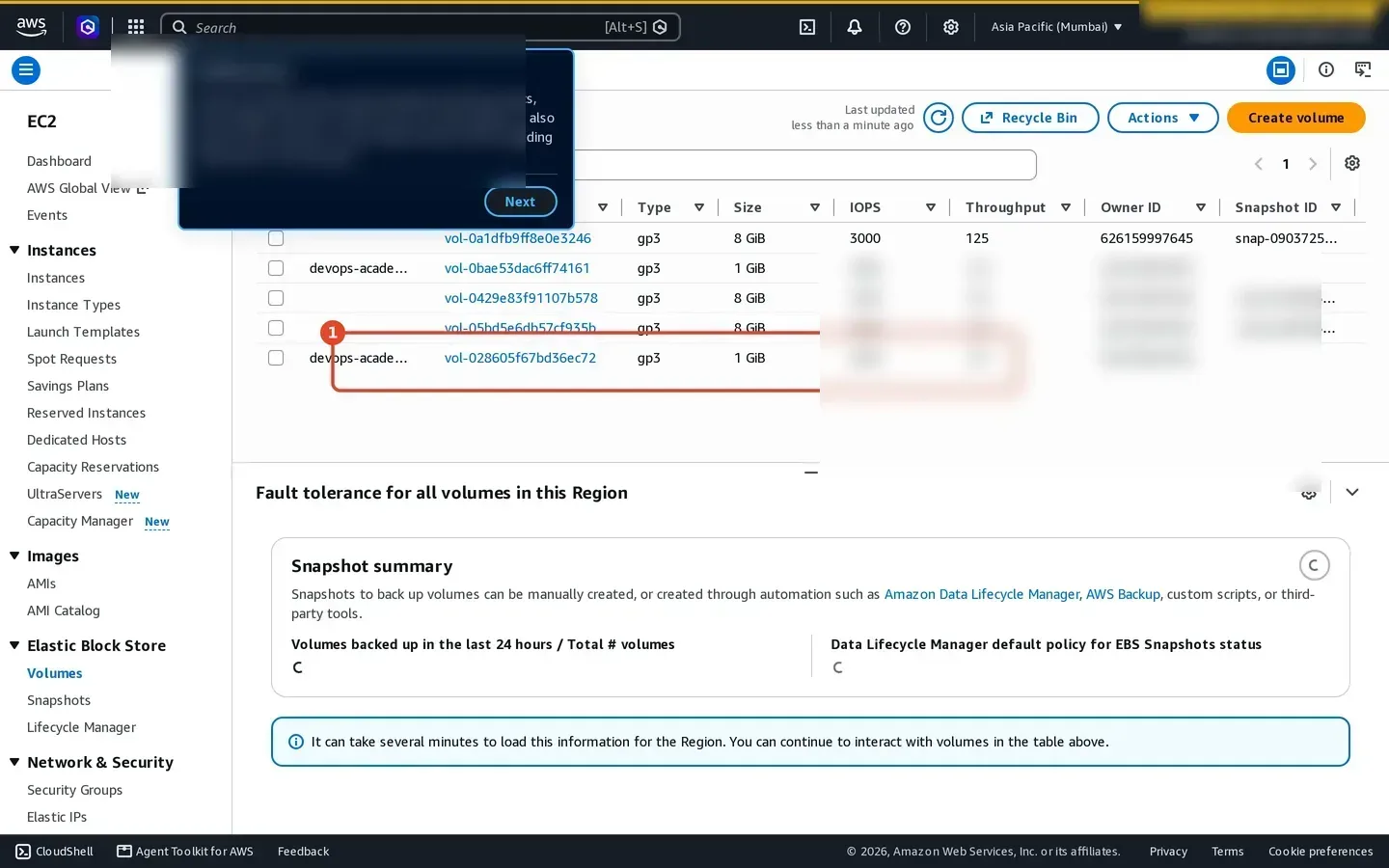 Amazon EC2 Volumes page showing an encrypted one GiB gp3 volume