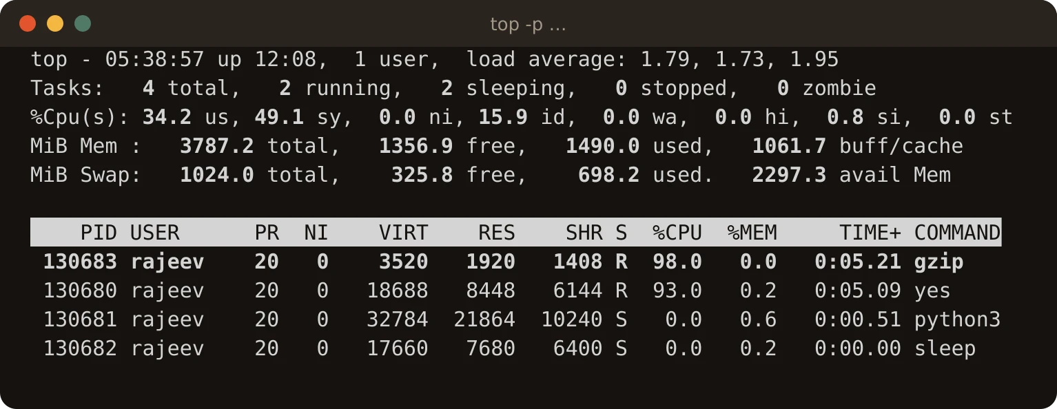 A real top screen. The header shows uptime, a load average of 1.79, 4 tasks, CPU at 34.2% user and 49.1% system, and memory and swap totals. Below, sorted by CPU: gzip at 98% and yes at 93%, both in state R (running), while python3 and sleep are in state S (sleeping) at 0%.