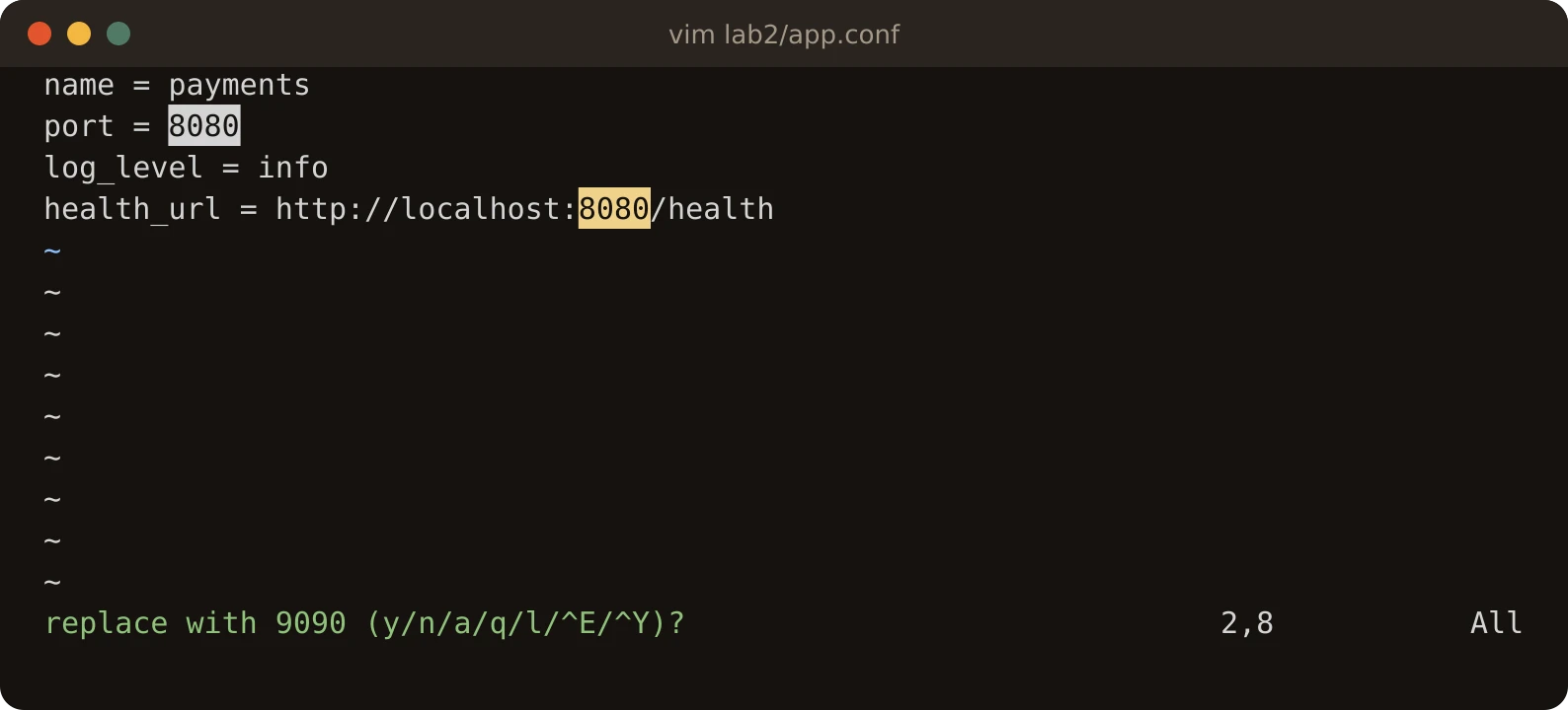 A real vim session on lab2/app.conf after typing :%s/8080/9090/gc. The current match, 8080 on the port line, is highlighted; the next match, in health_url, is highlighted too. The bottom line asks: replace with 9090 (y/n/a/q/l/^E/^Y)?