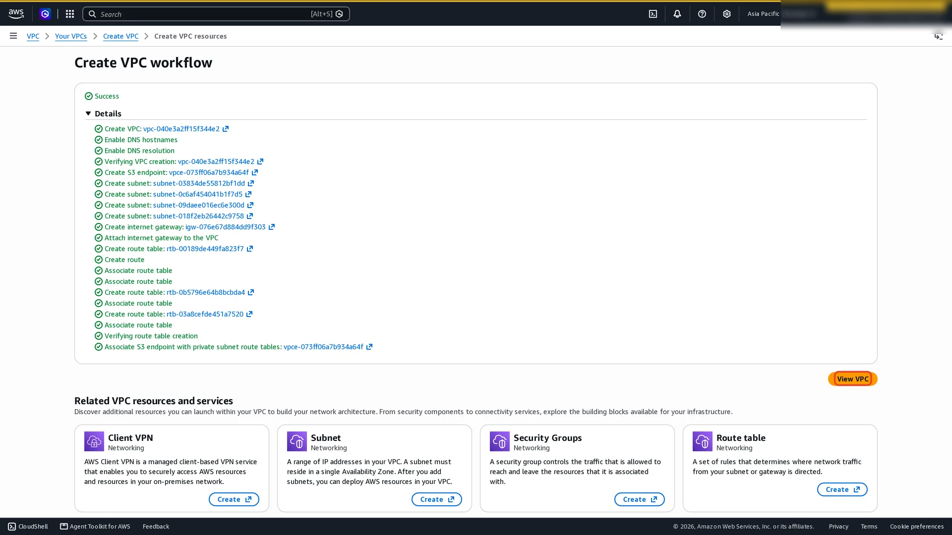 Create VPC workflow page listing each step completed: VPC, DNS settings, subnets, internet gateway attached, route tables created and associated, routes added, and the S3 endpoint, with a View VPC button.