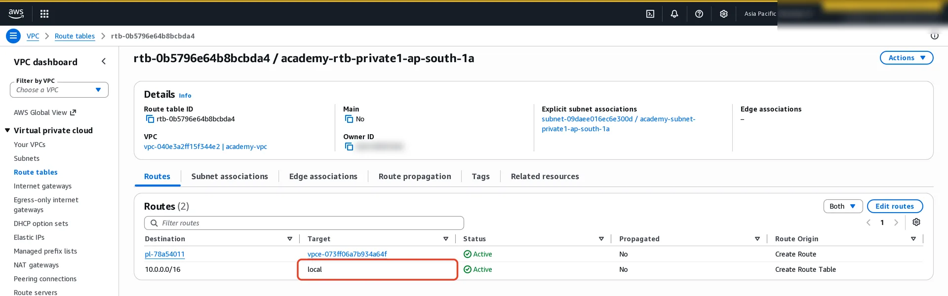 Route table academy-rtb-private1: a route for the S3 prefix list to the VPC endpoint, and 10.0.0.0/16 to local. There is no 0.0.0.0/0 route.