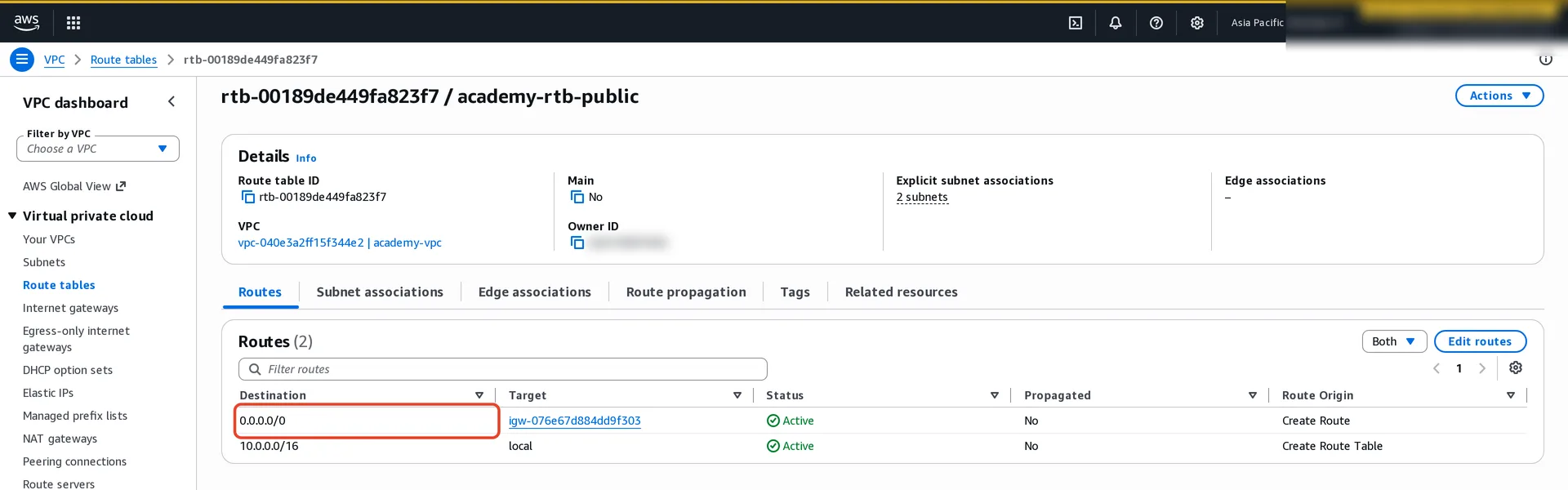 Route table academy-rtb-public, associated with 2 subnets. Routes: 0.0.0.0/0 to igw-076e67d884dd9f303, and 10.0.0.0/16 to local, both Active.