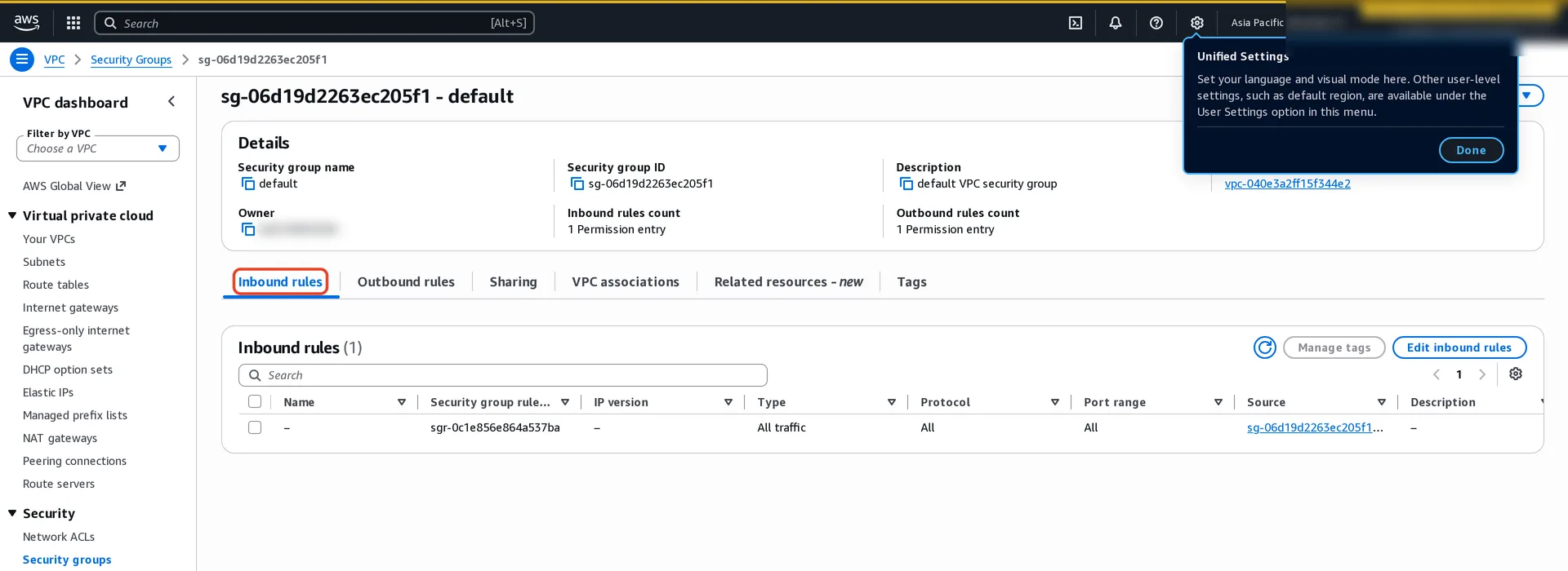 The default security group of academy-vpc with its Inbound rules tab: one rule allowing all traffic from members of the same security group.